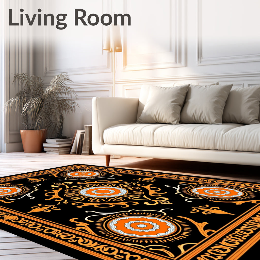Golden Orange Black Floral Mandala Rug