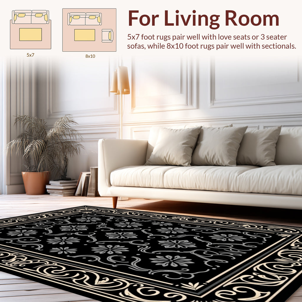 Classic Black Floral Scroll Design Rug
