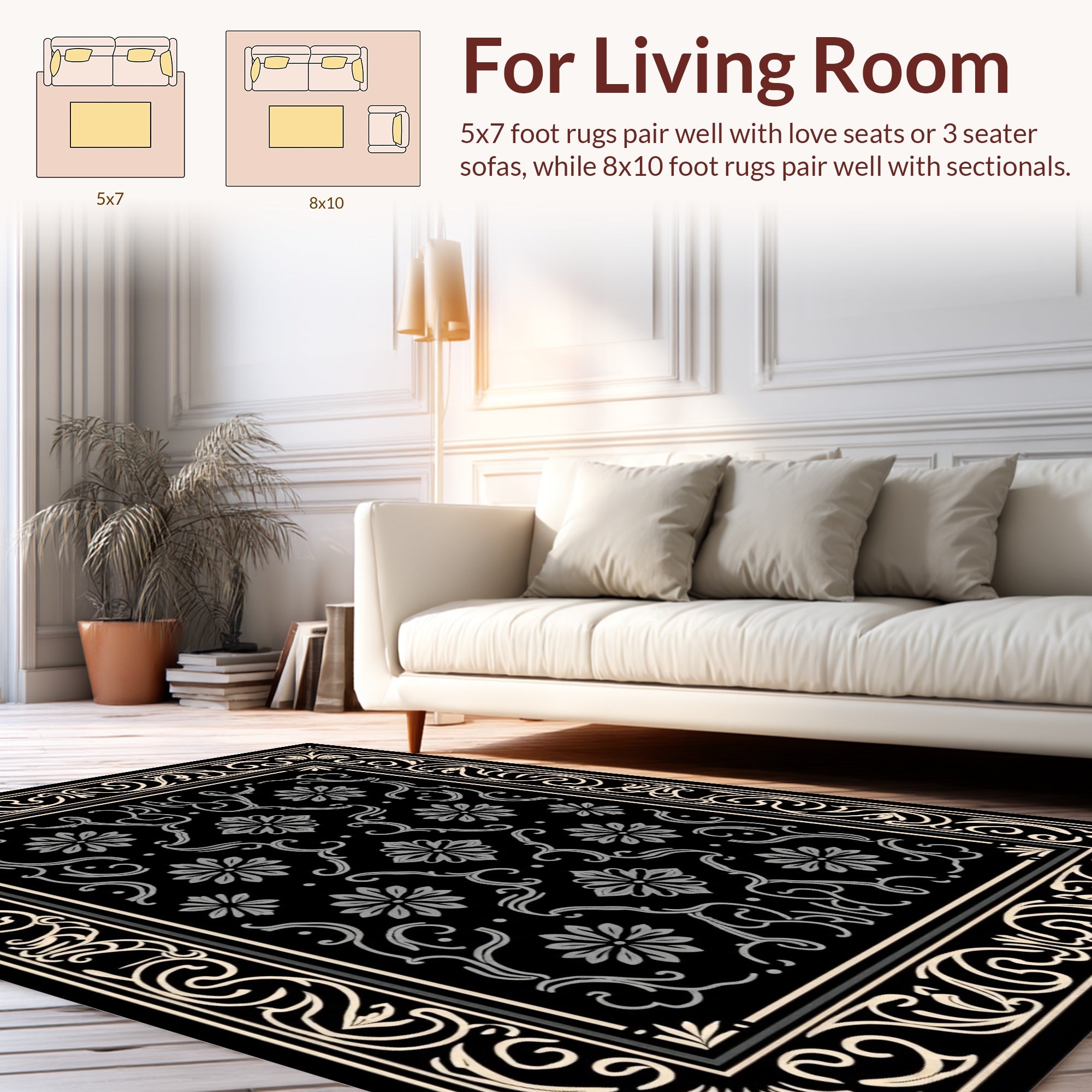 Classic Black Floral Scroll Design Rug