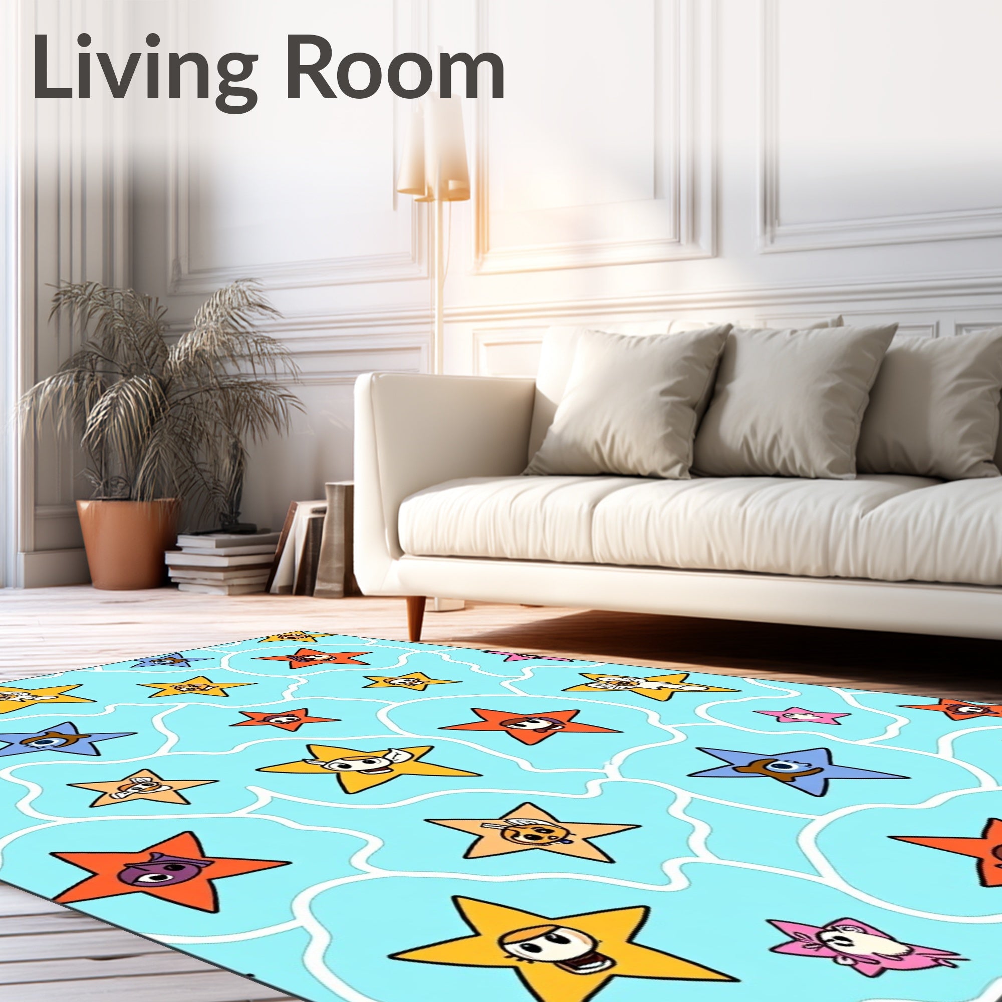 Cartoon Star Pattern with Whimsical Creatures Rug