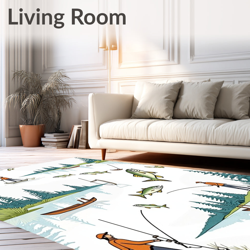Fishing Scene with Forest Lake Pattern Rug