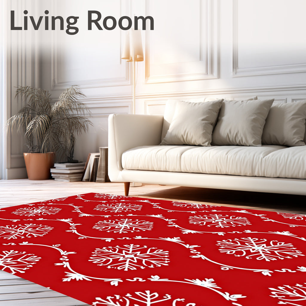 Red White Snowflake Damask Pattern Rug