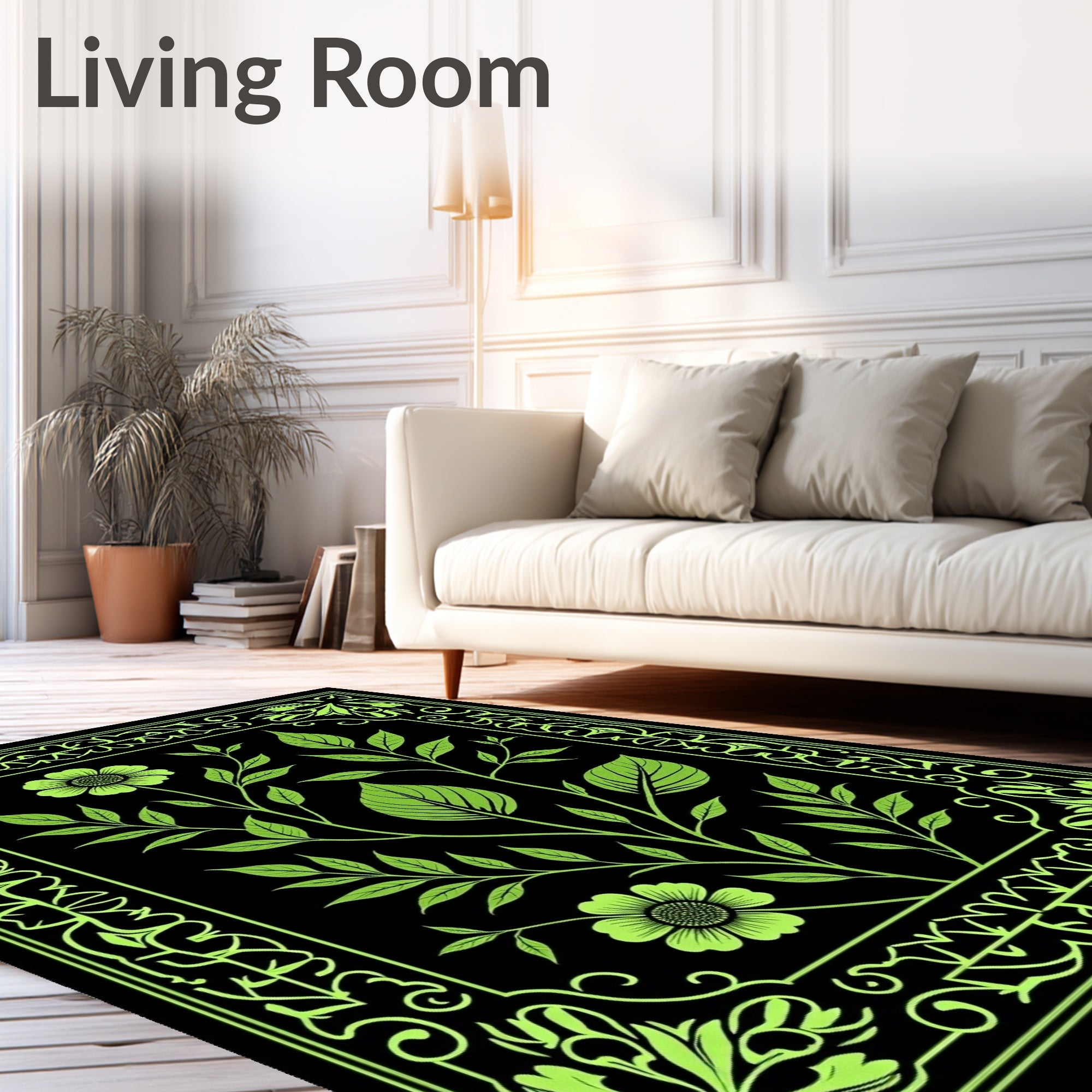 Neon Green Floral Botanical Frame Rug