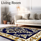 Ornate Floral Scrollwork on Deep Blue Rug