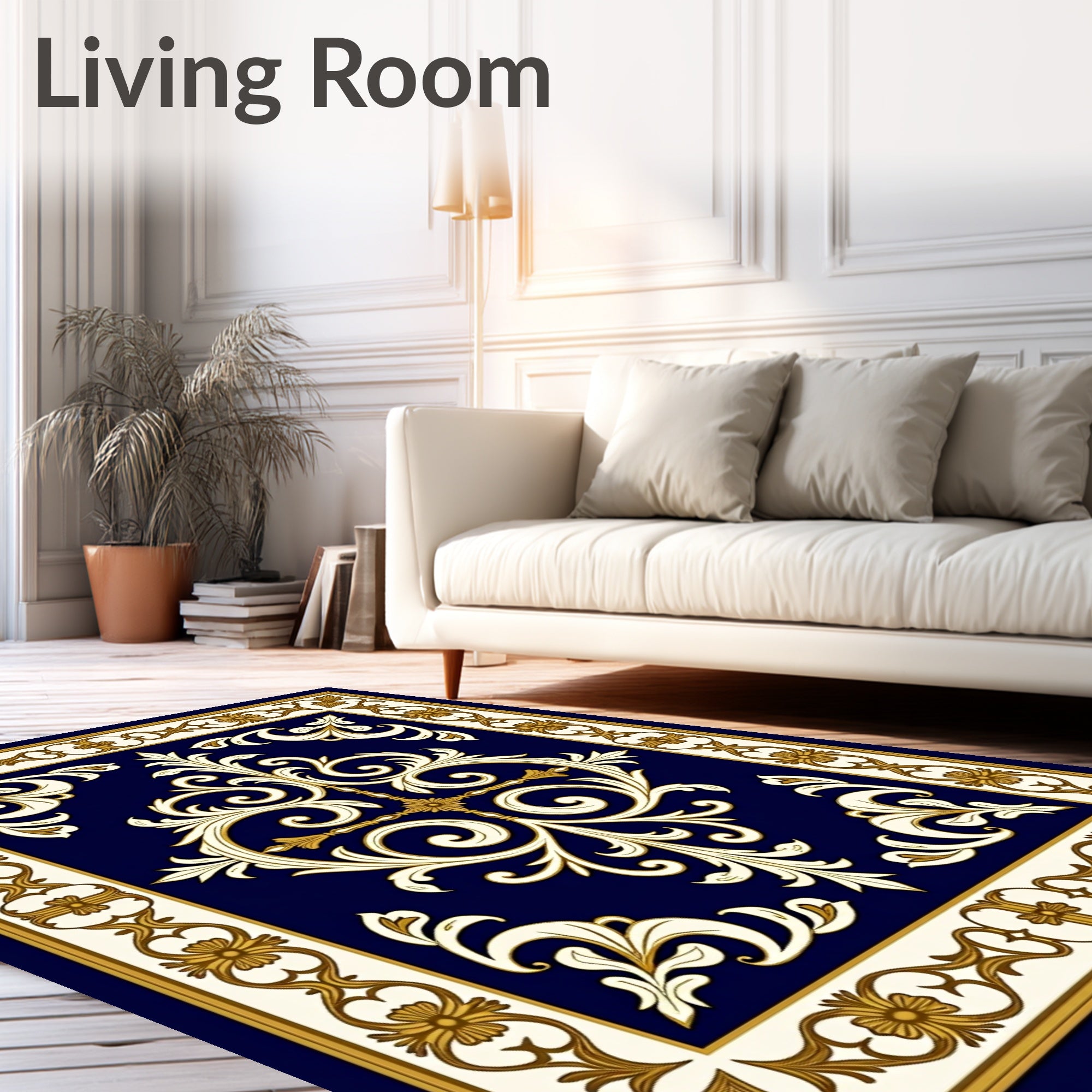 Ornate Floral Scrollwork on Deep Blue Rug