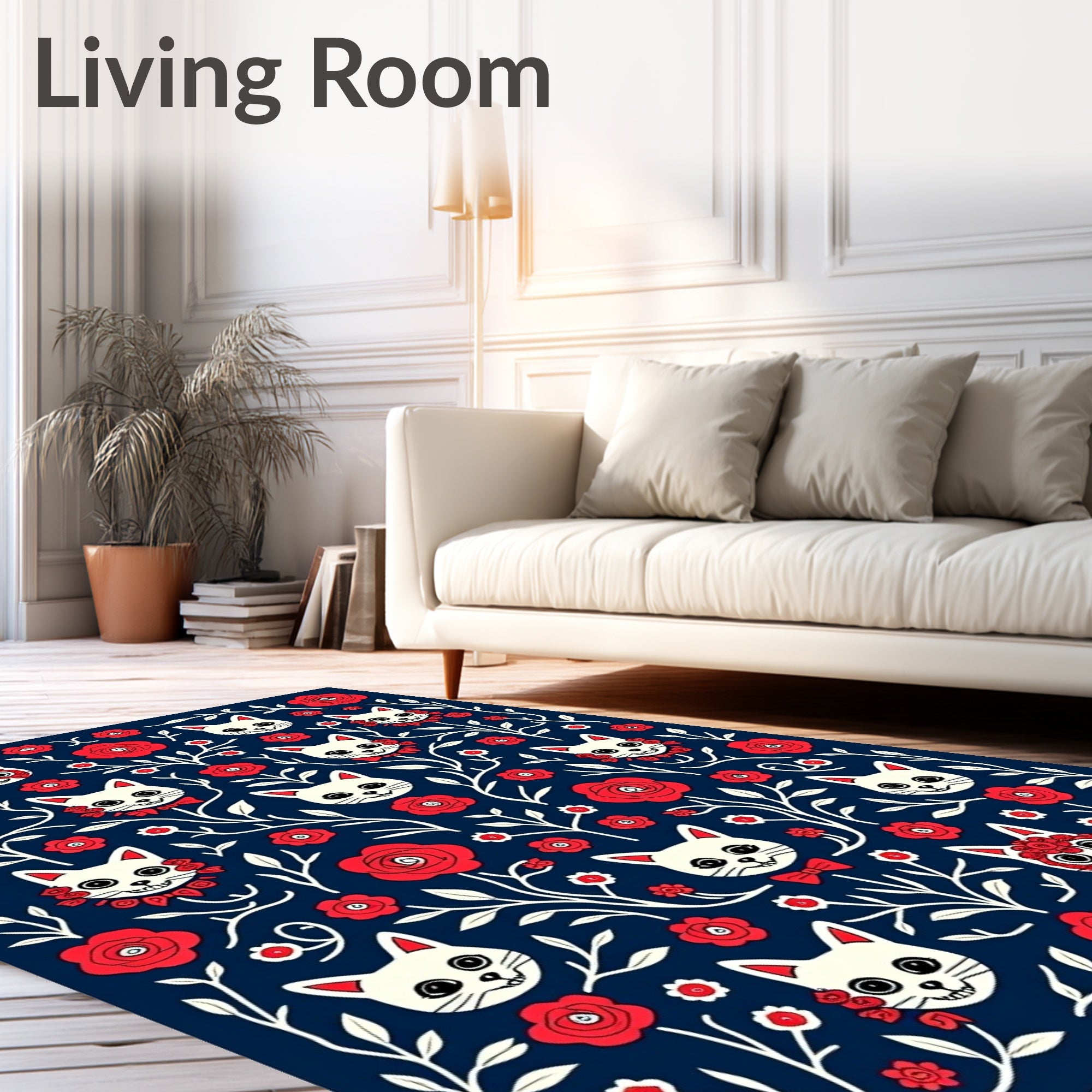 Whimsical Cat Rose Floral Pattern Rug