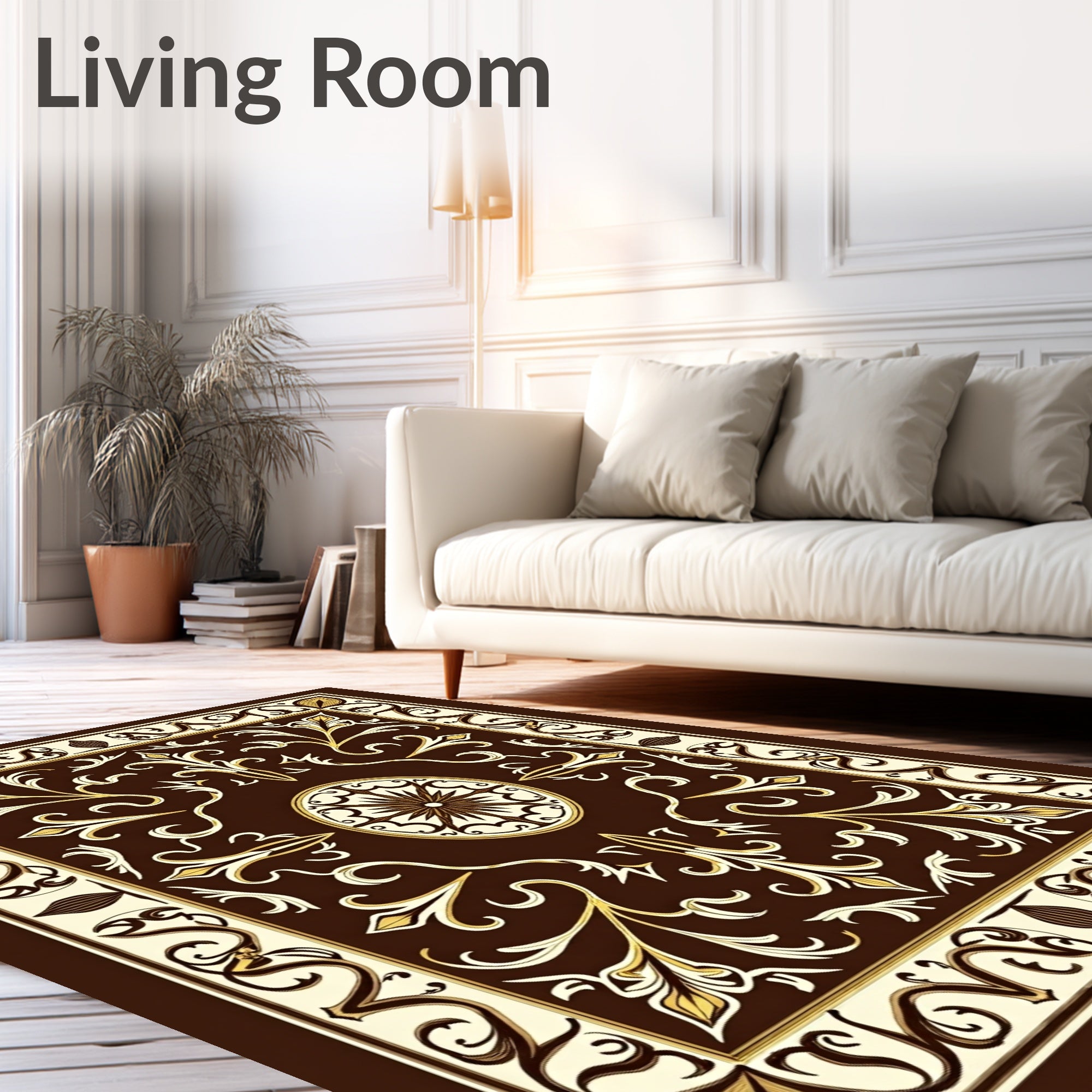 Chic Brown Gold Floral Scroll Rug