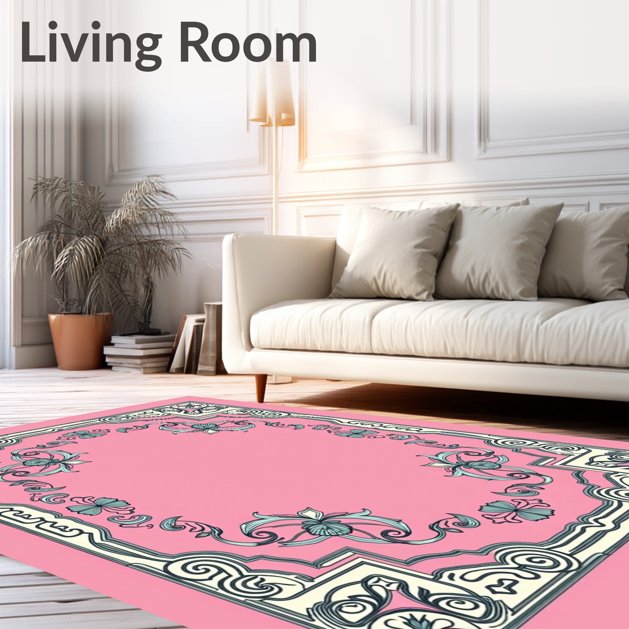 Antique Blush Floral Scrollwork Border Rug