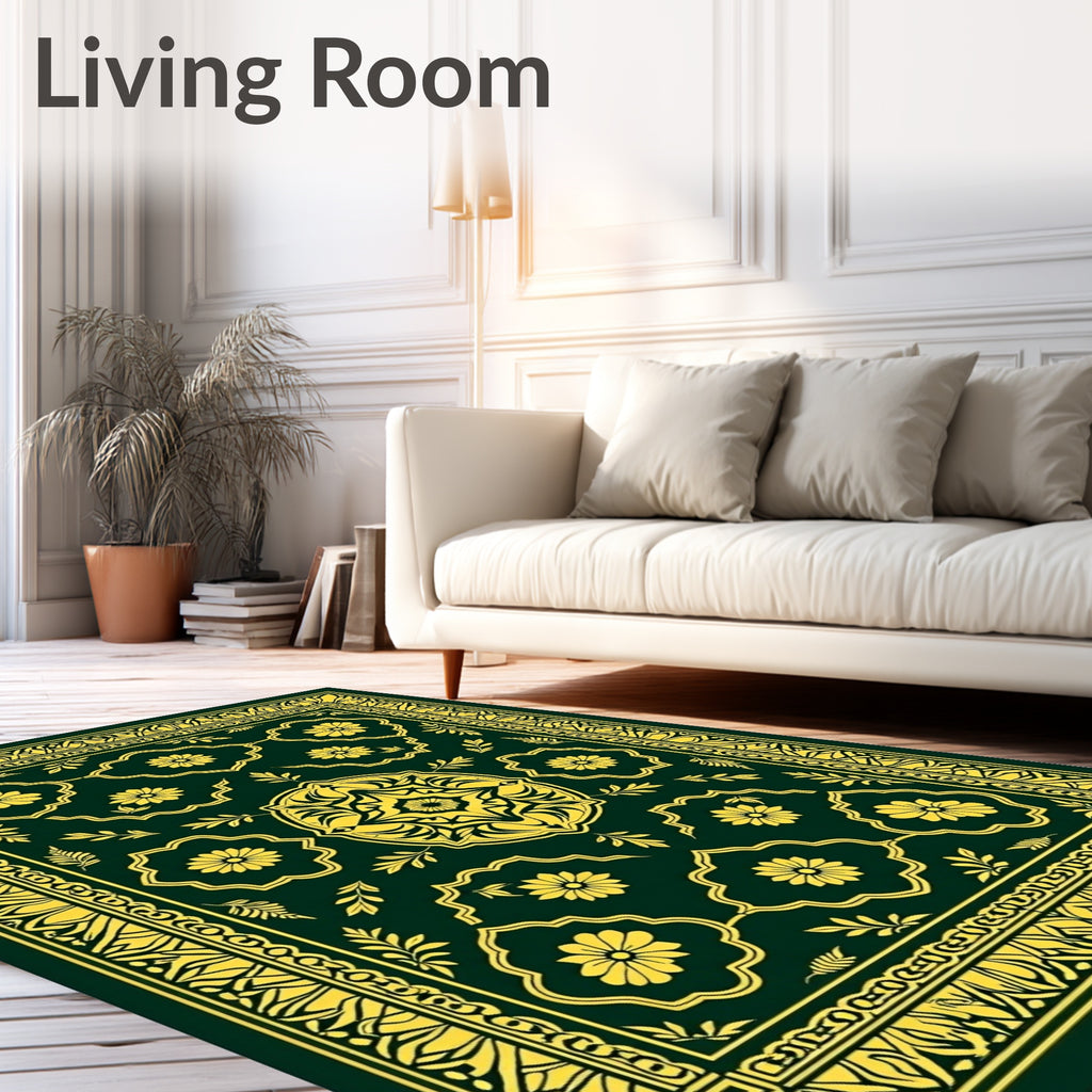 Elegant Green Gold Floral Medallion Rug