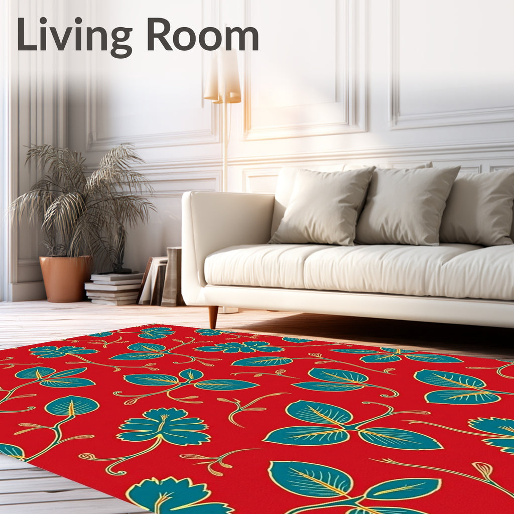 Vibrant Red Teal Floral Vine Pattern Rug