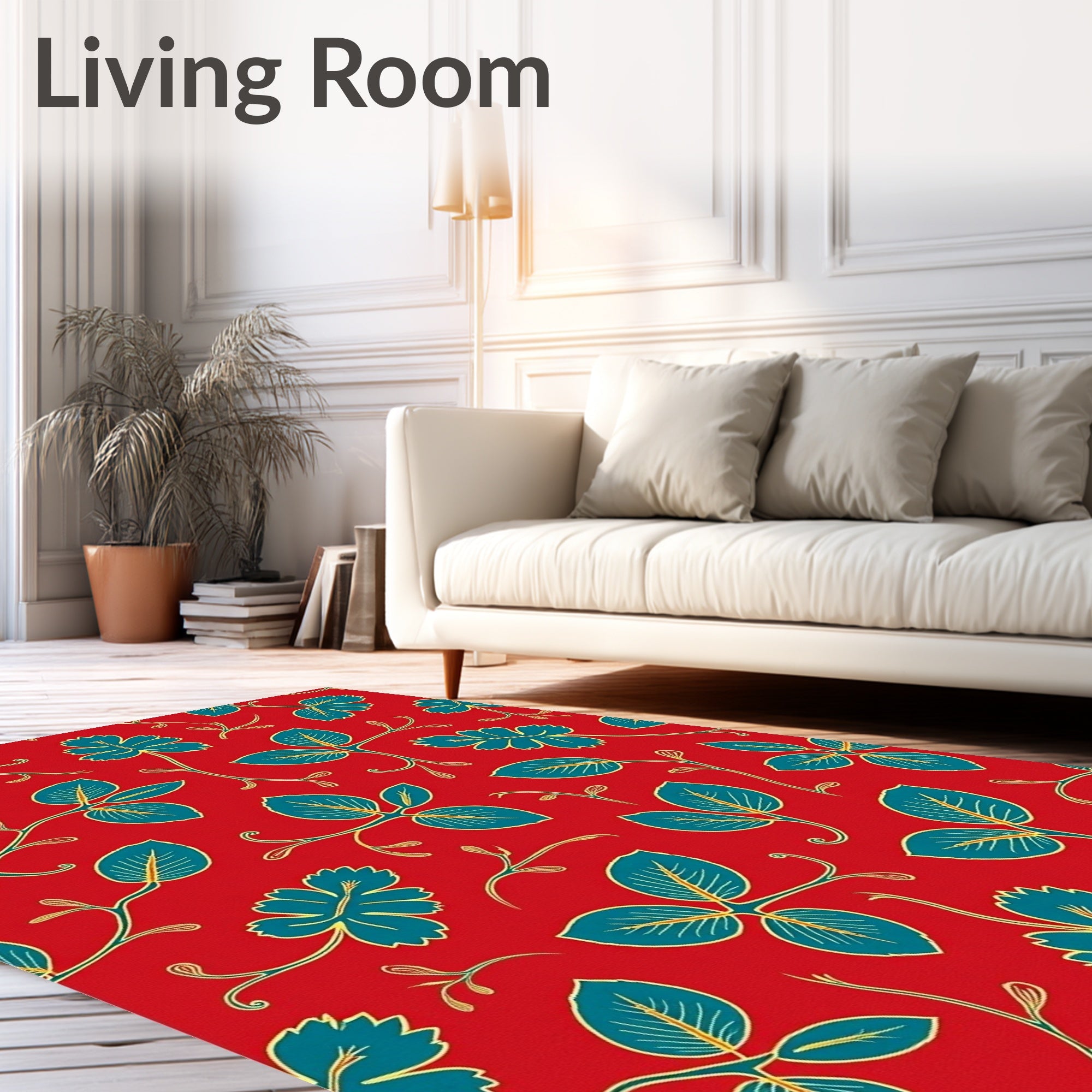 Vibrant Red Teal Floral Vine Pattern Rug