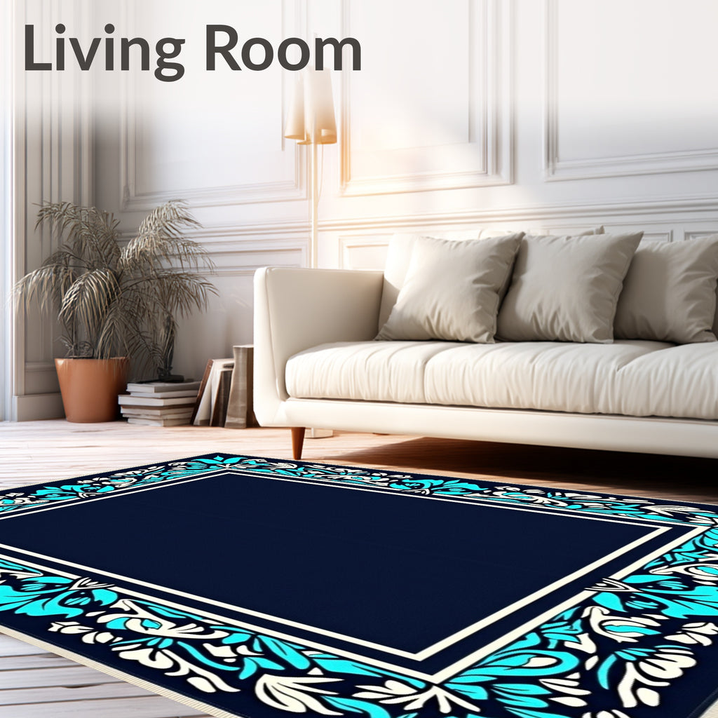 Deep Blue Floral Border Rug