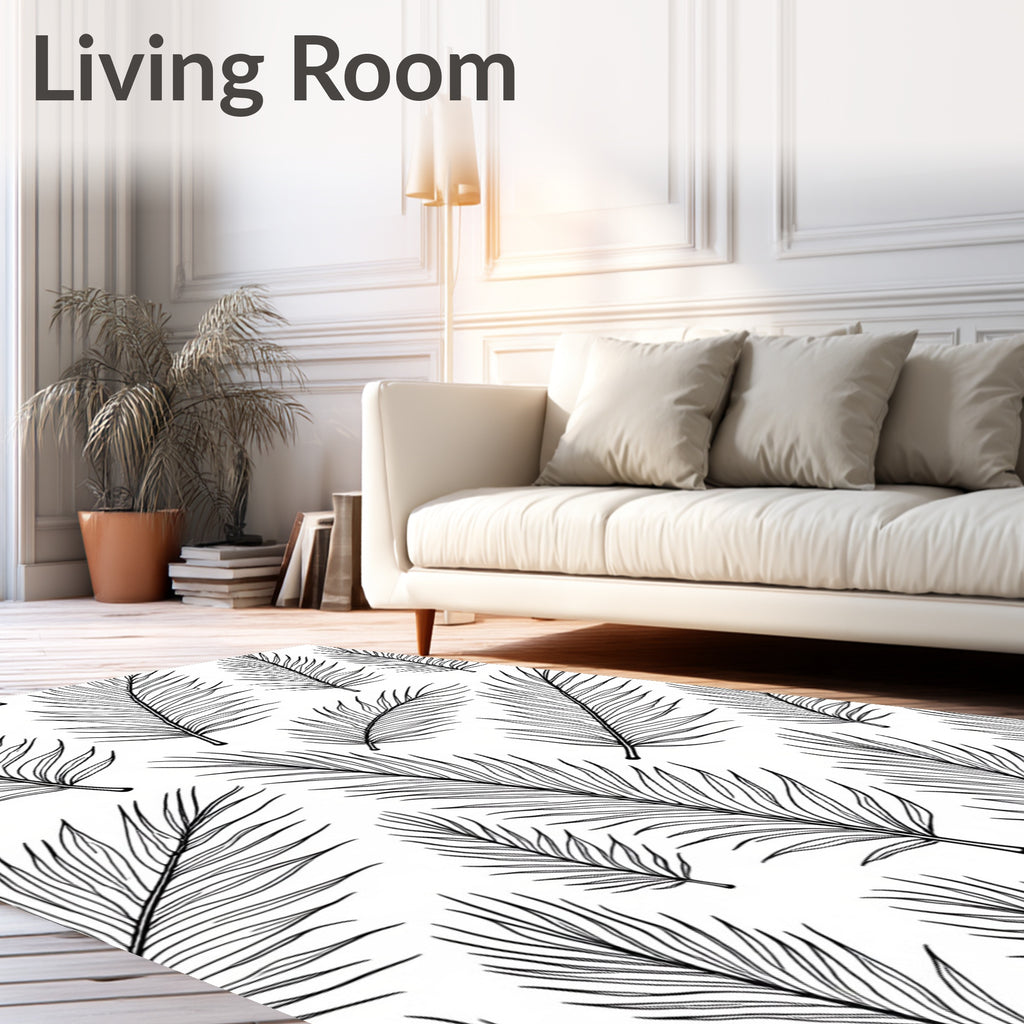 Feather Pattern Black White Outline Art Rug