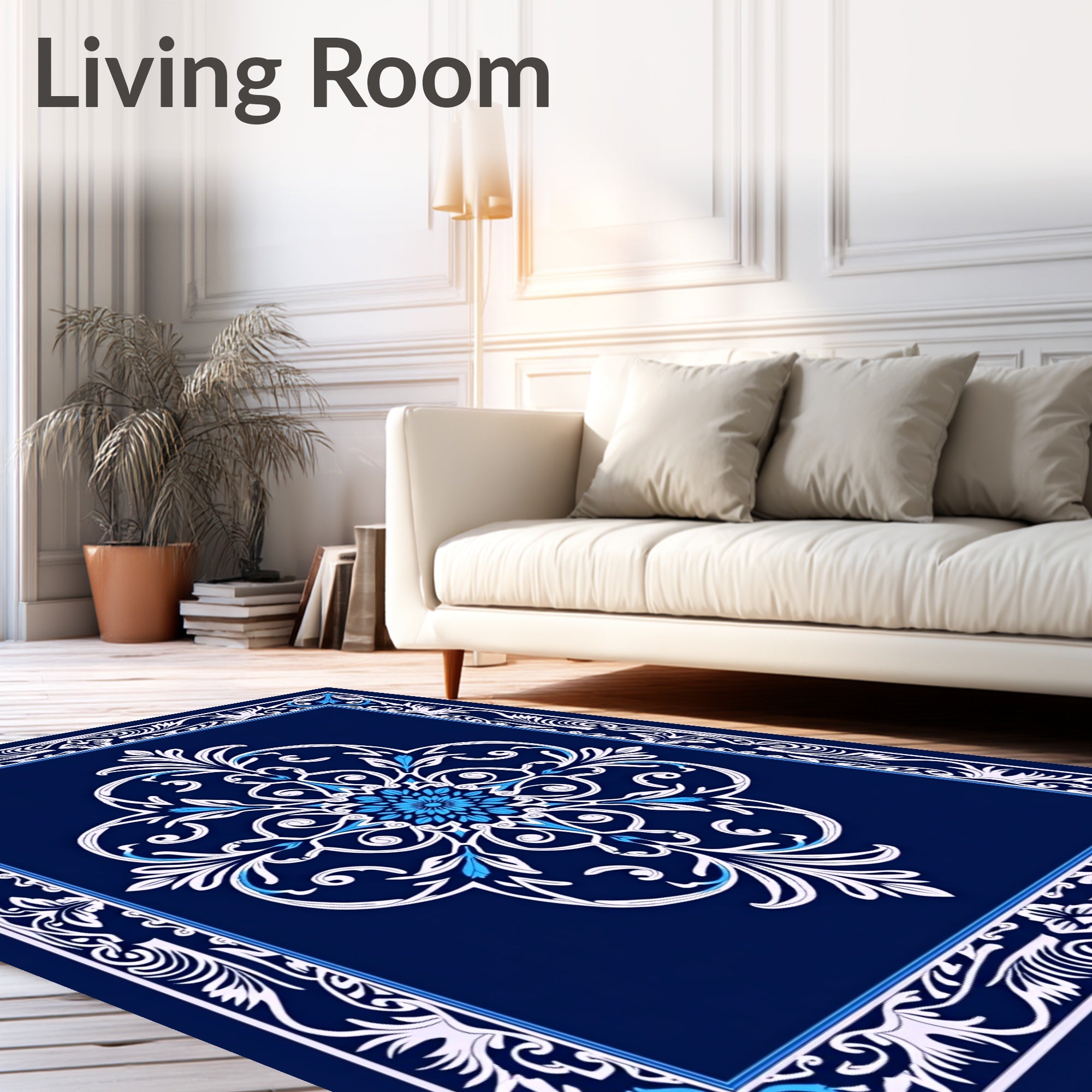 Elegant Blue White Floral Damask Pattern Rug