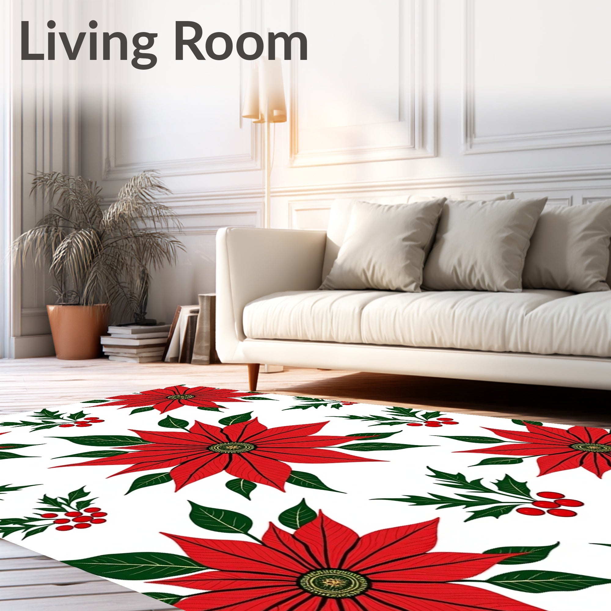 Classic Red Poinsettia Holly Holiday Rug