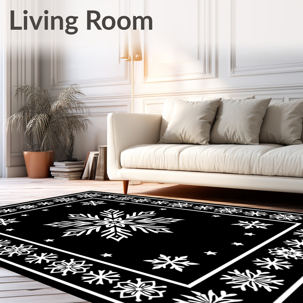 Black White Snowflake Winter Border Rug