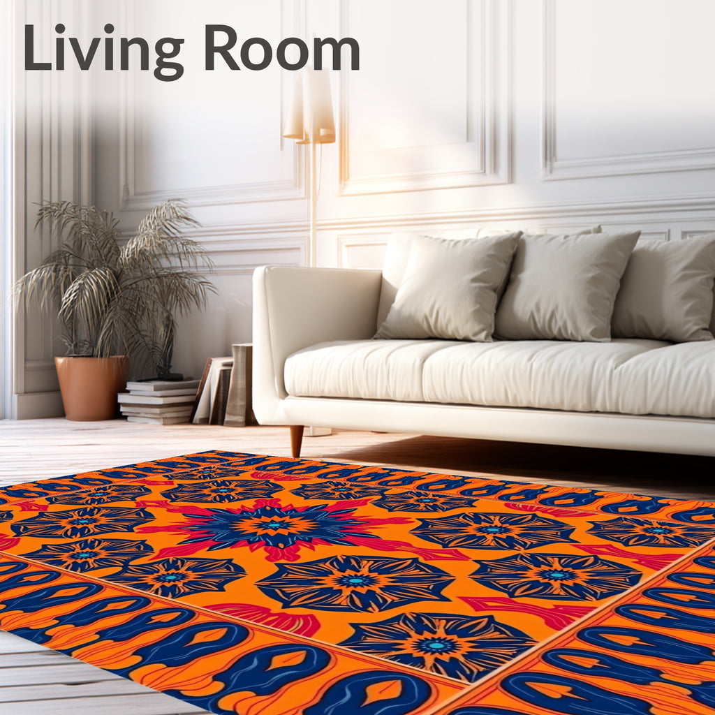 Vibrant Blue 2 Orange Floral Pattern Rug
