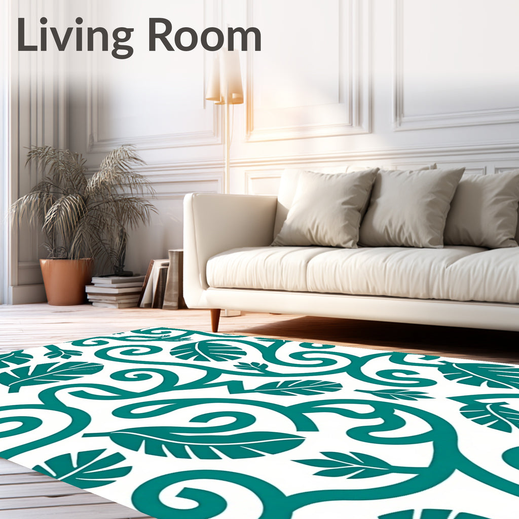 Teal Leafy Vine Swirl pattern Rug
