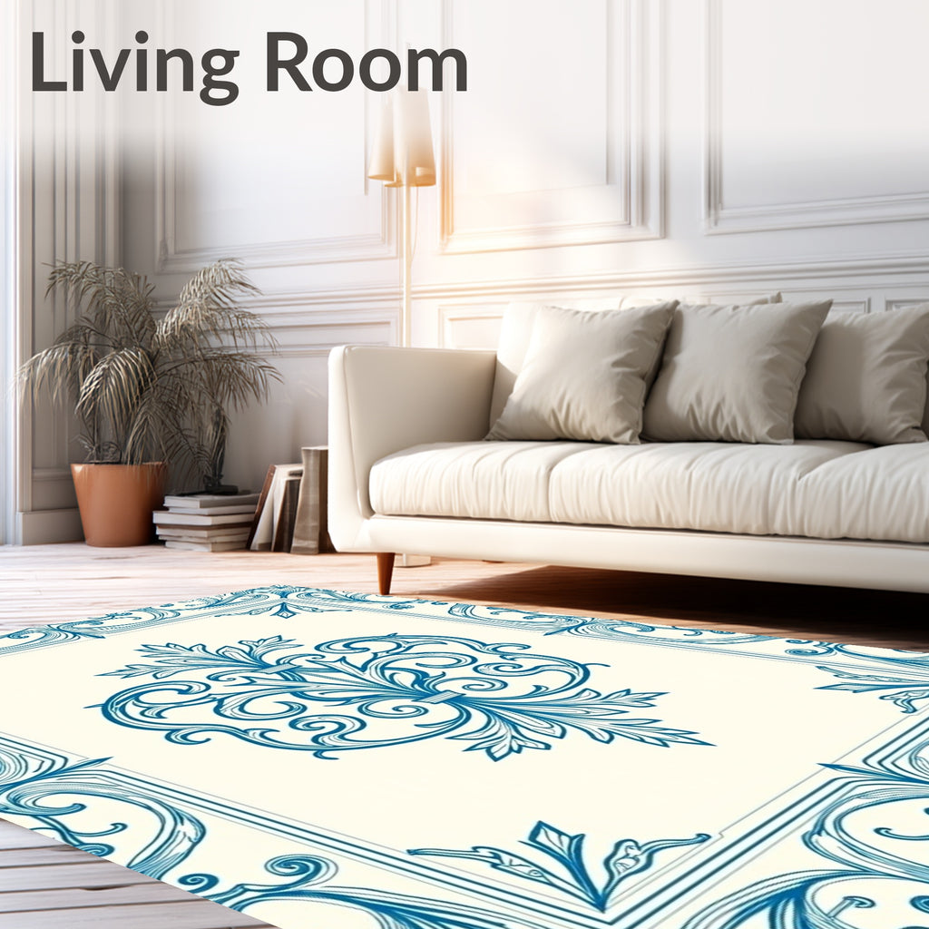 Intricate Blue Scrollwork Floral Pattern Rug