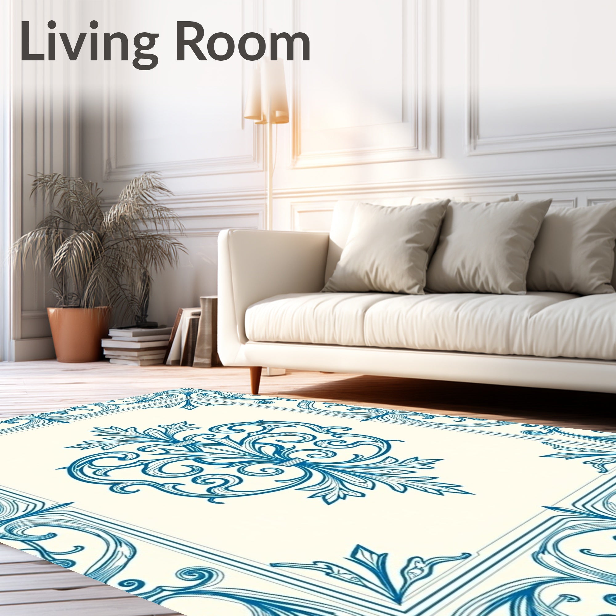 Intricate Blue Scrollwork Floral Pattern Rug