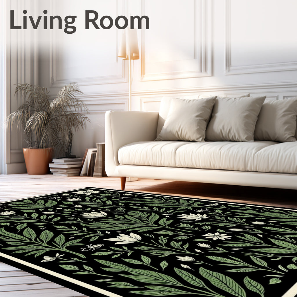 Botanical Black Floral Garden Arrangement Rug