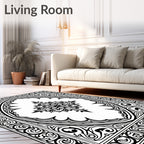 Ornate Floral Frame Black and White Design Rug