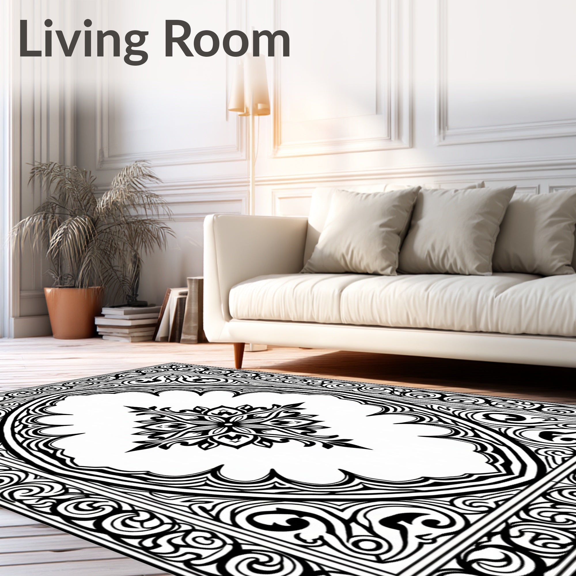 Ornate Floral Frame Black and White Design Rug