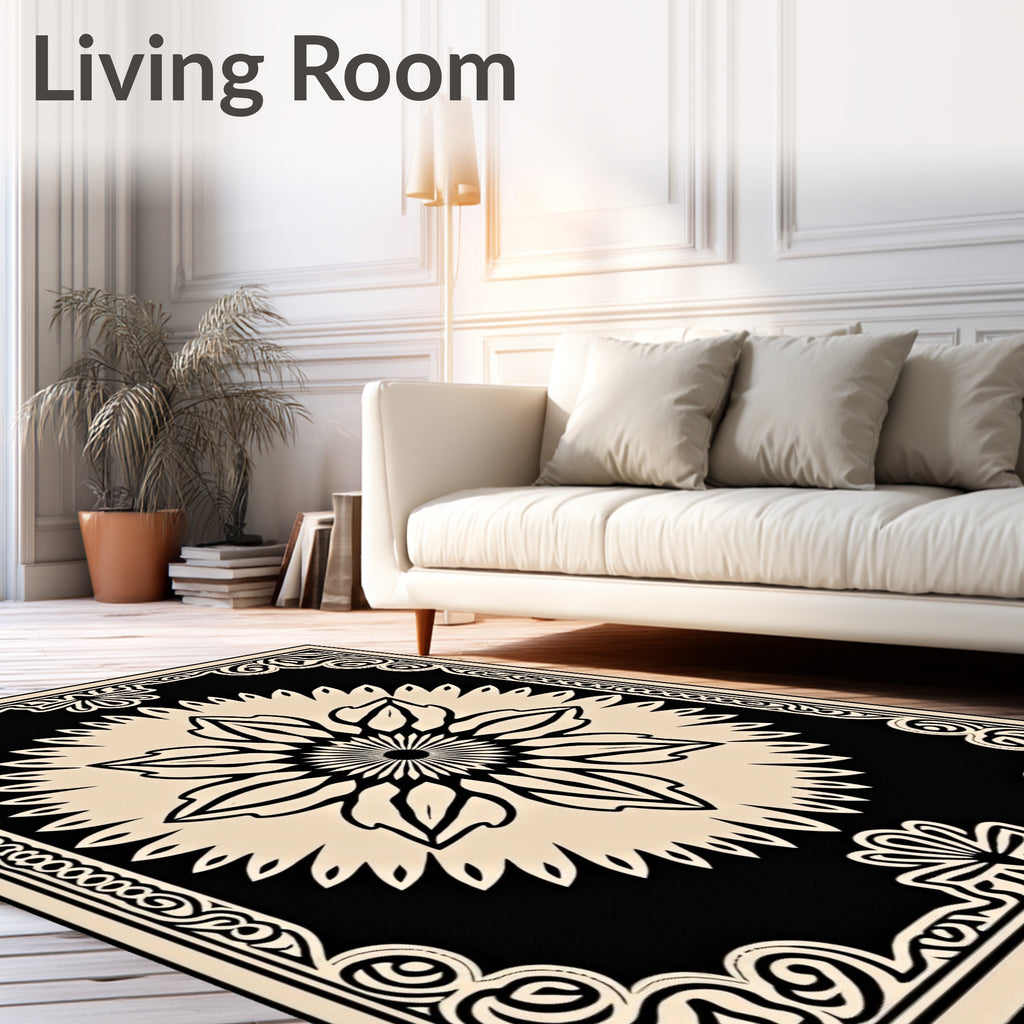 Black and Cream Floral Medallion Centerpiece Rug
