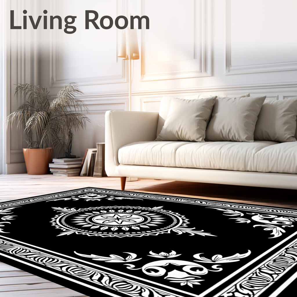 Black White Floral Mandala Border Rug