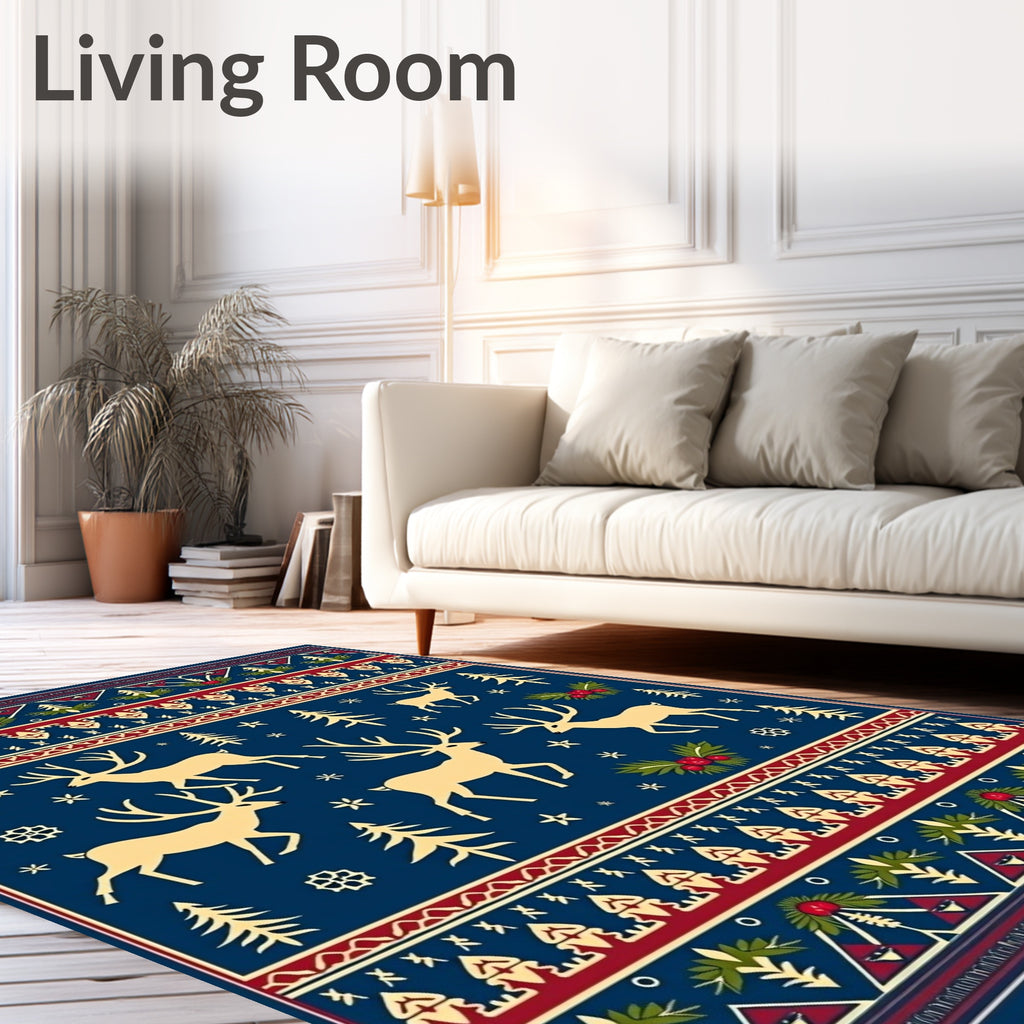 Navy Woodland Reindeer Folk Art Rug