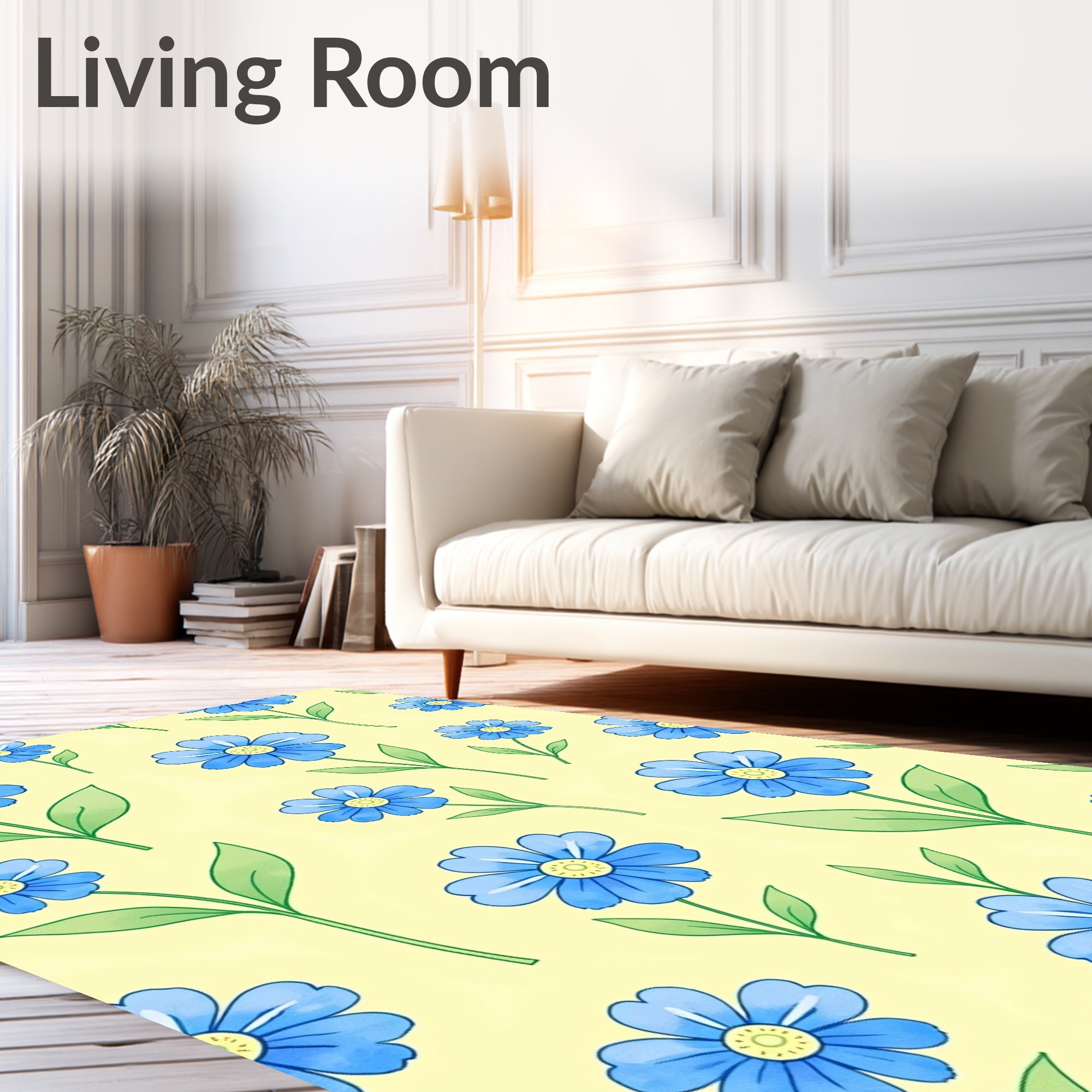 Blue Flowers On Light Yellow Background Rug