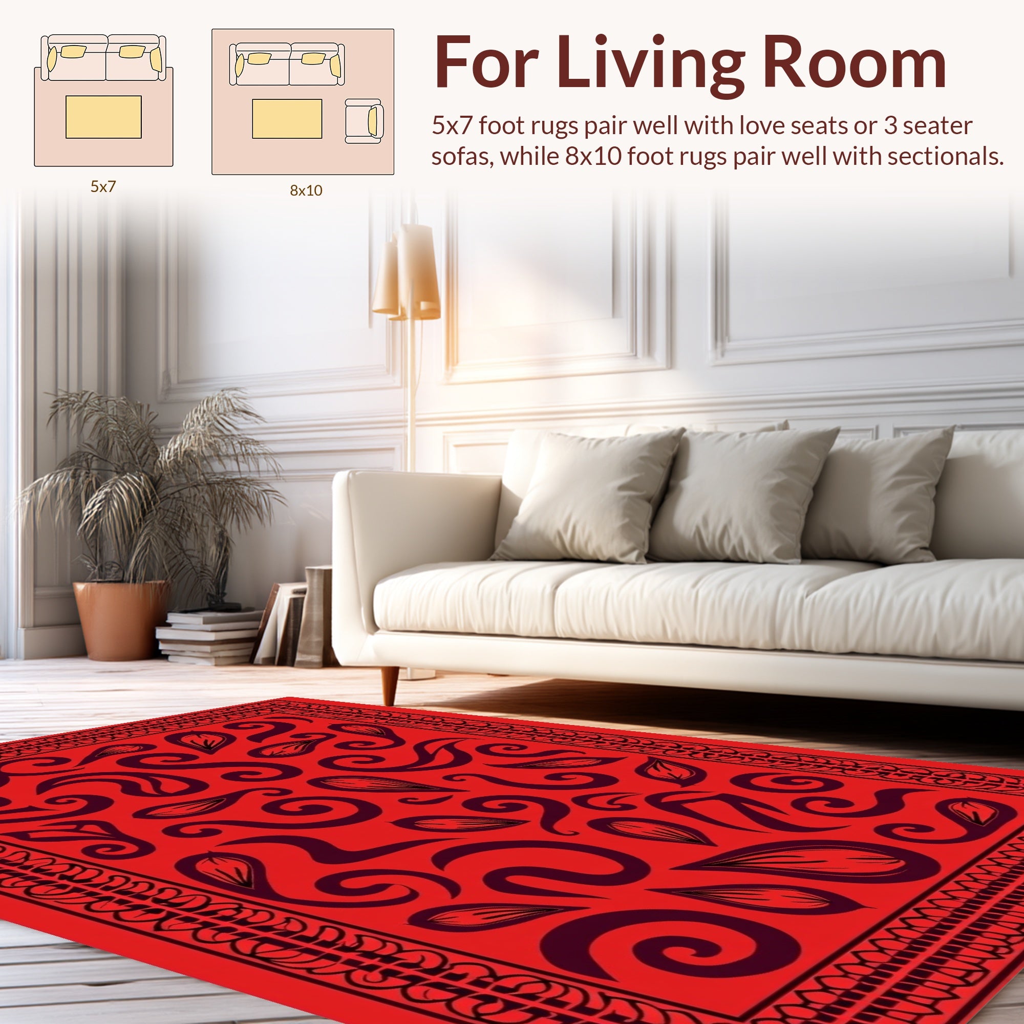 Crimson Swirl Leaf Patterned Rug