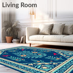 Deep Blue Floral Bird Tapestry Design Rug