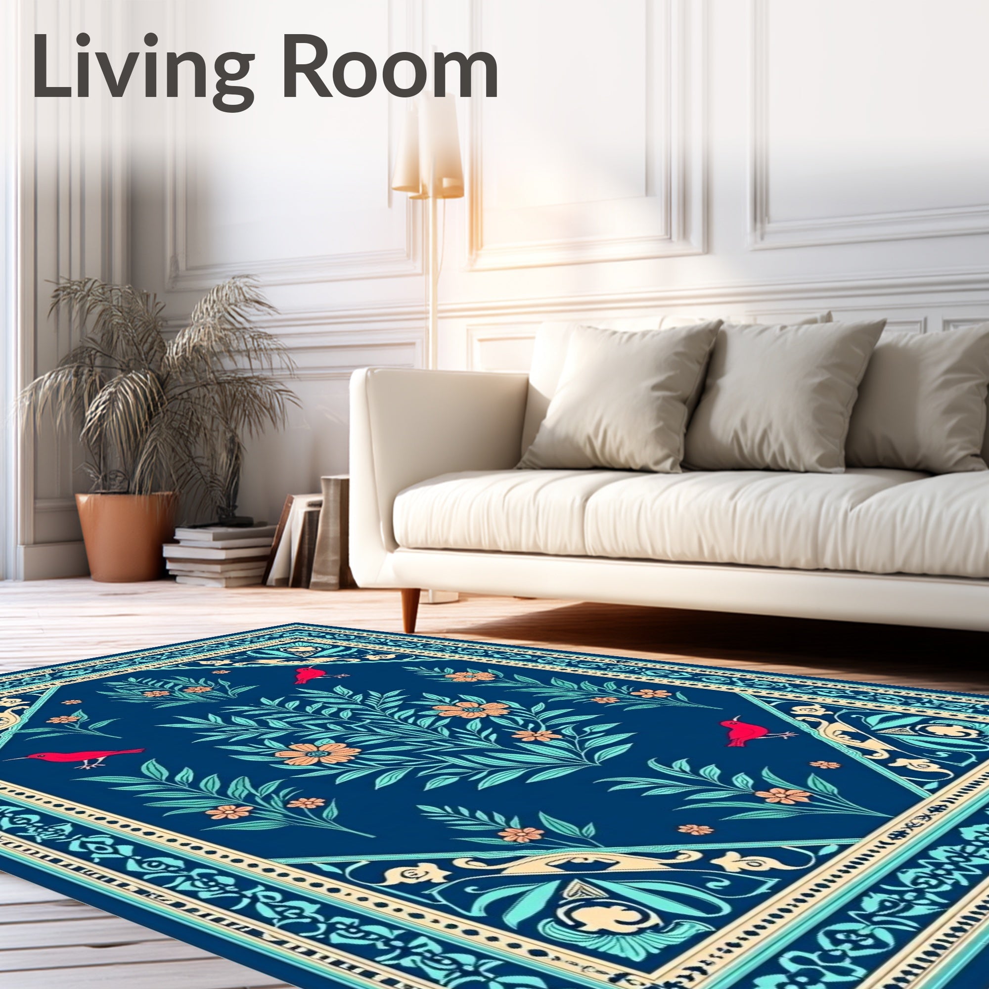 Deep Blue Floral Bird Tapestry Design Rug