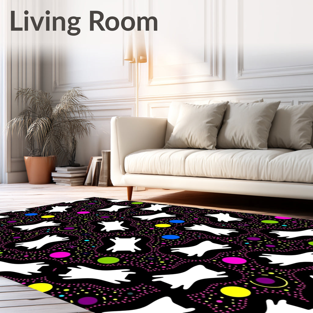 Whimsical White Figures Colorful Dot Design Rug