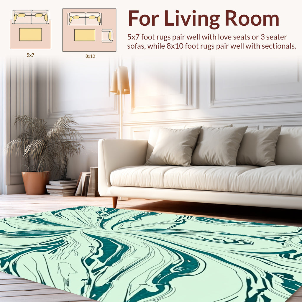 Abstract Teal Swirls on Light Green Rug