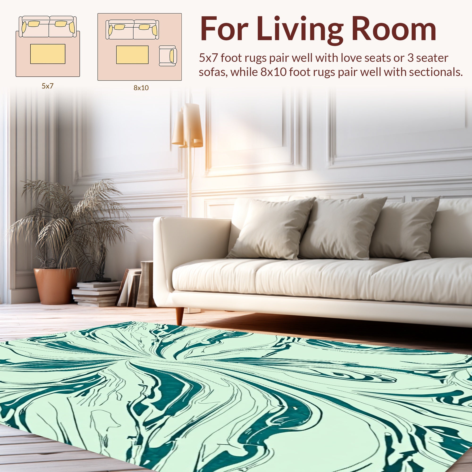Abstract Teal Swirls on Light Green Rug