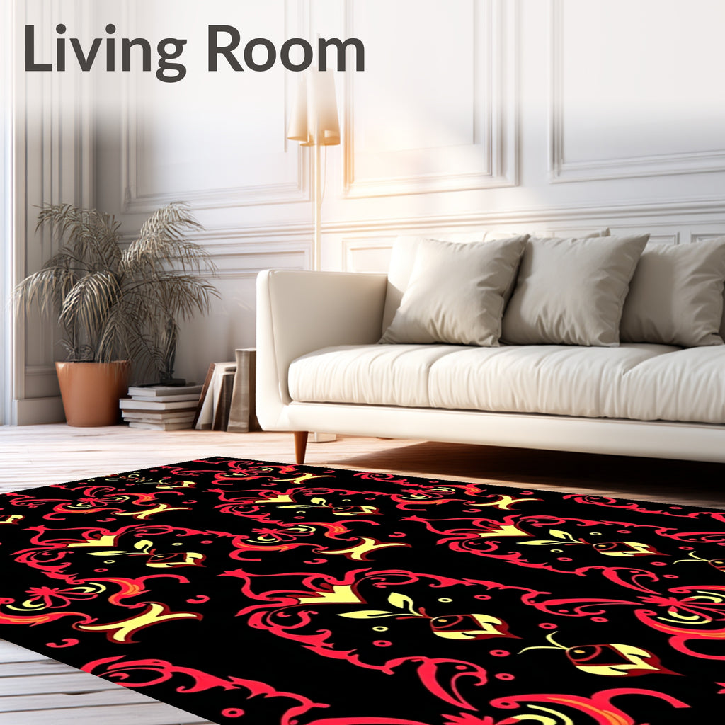 Black Red Ornate Floral Pattern Rug