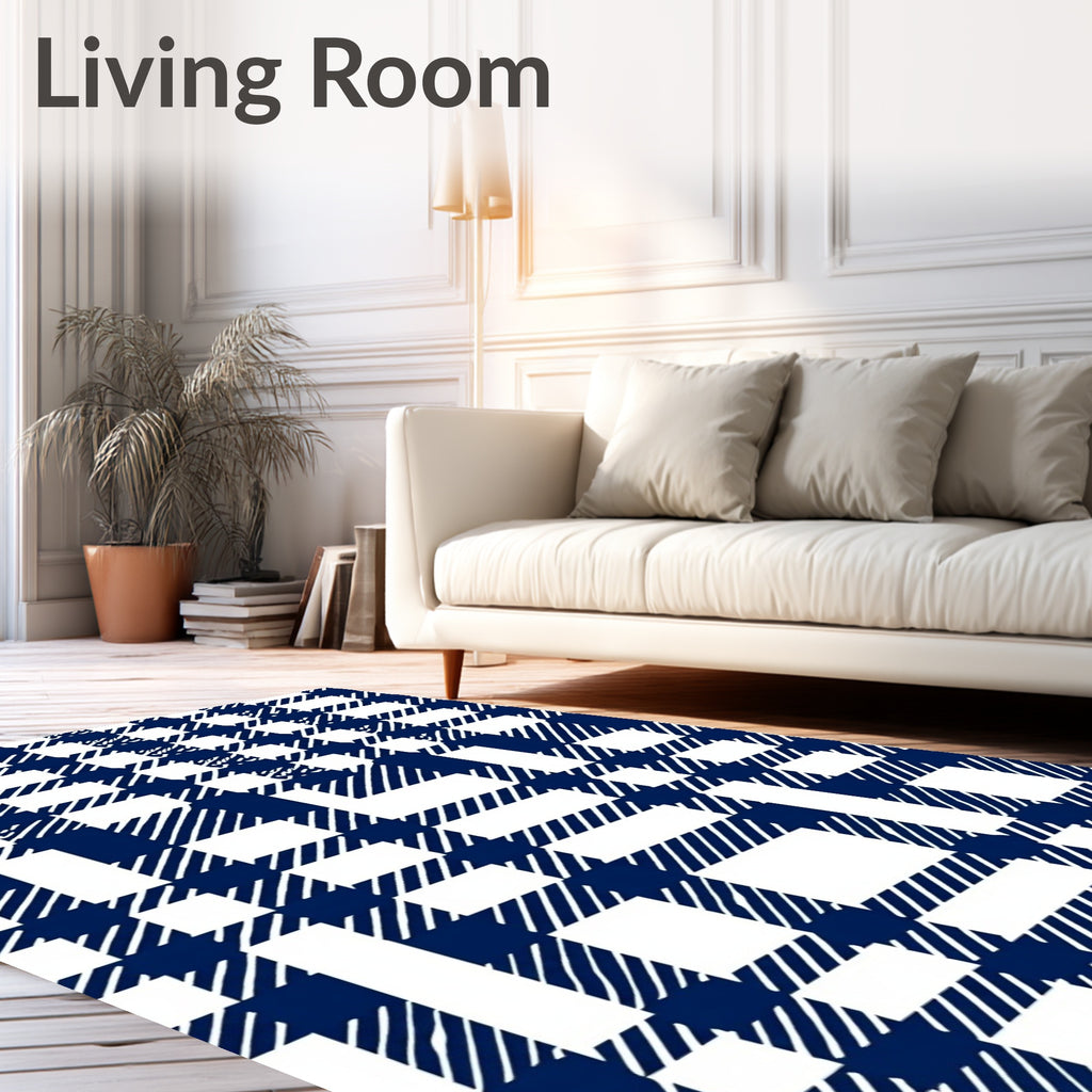 Classic Blue White Plaid Design Rug