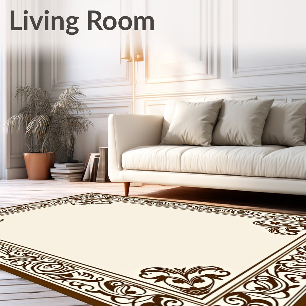 Ornate Scrollwork Brown Border Design Rug