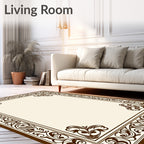 Ornate Scrollwork Brown Border Design Rug