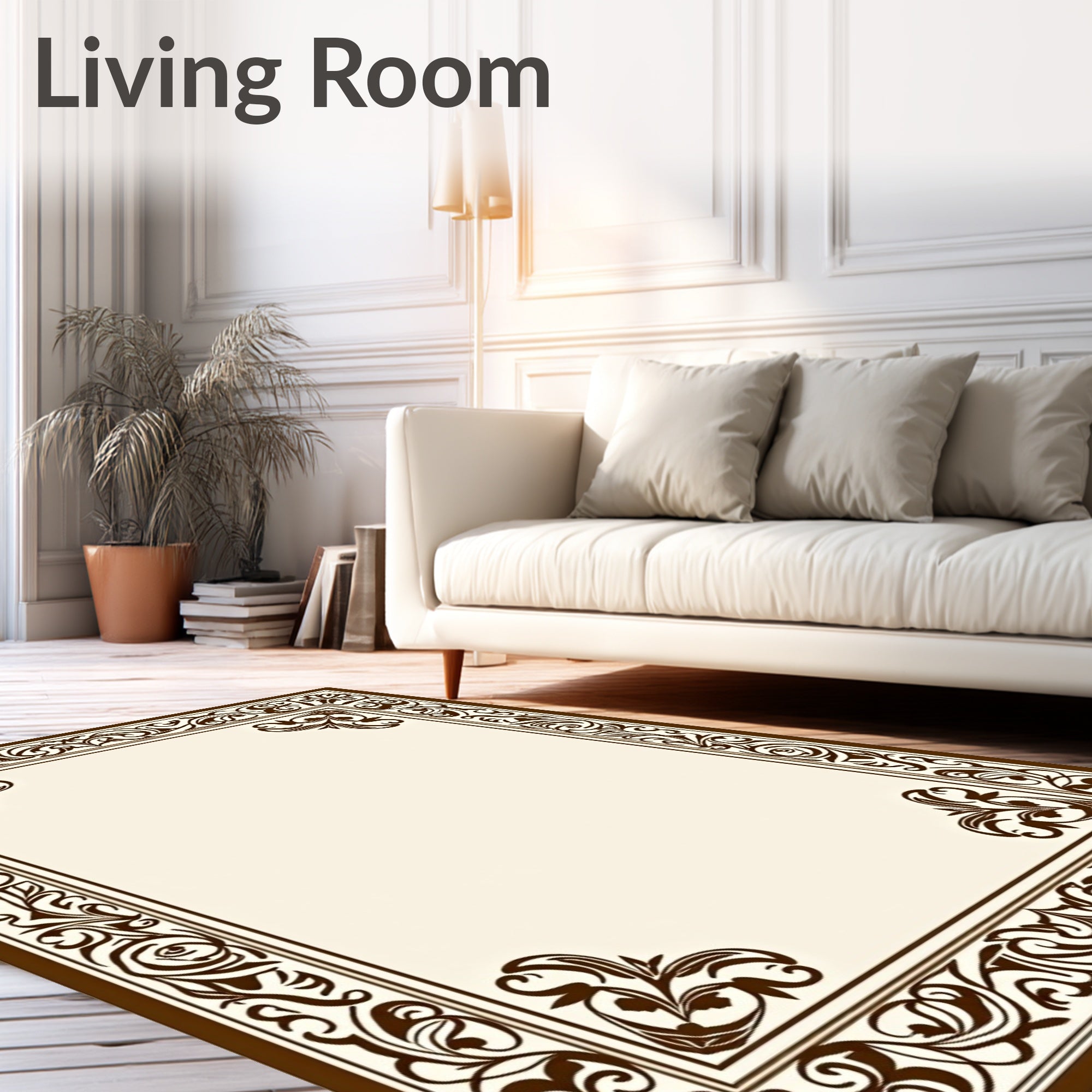 Ornate Scrollwork Brown Border Design Rug
