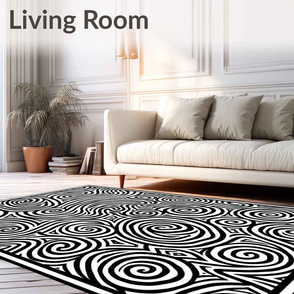 Abstract Swirling Black White Pattern Rug