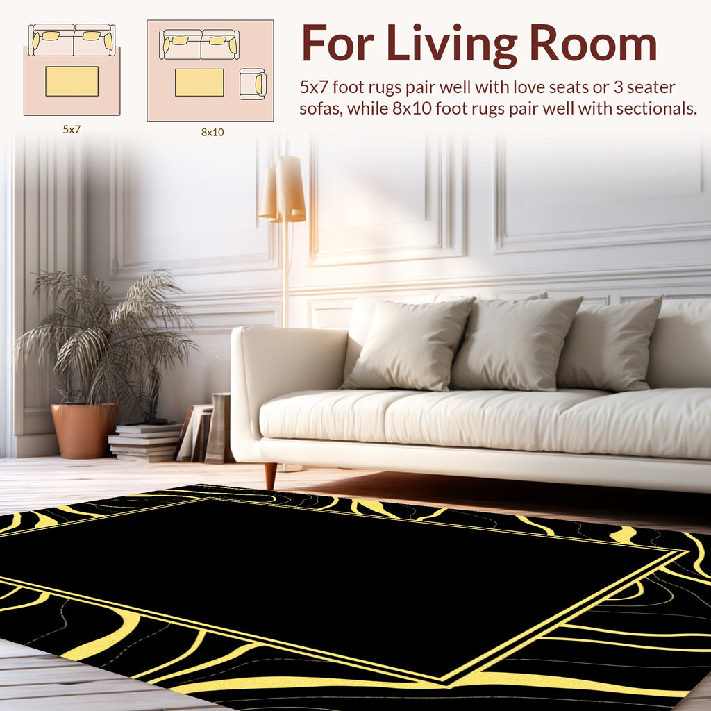 Abstract Black Gold Wavy Line Rug