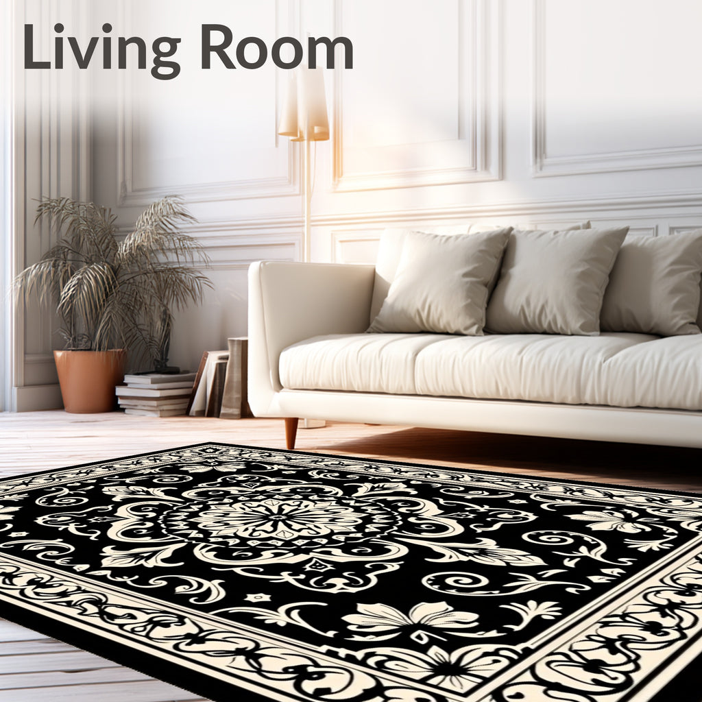 Intricate Black Floral Mandala Rug