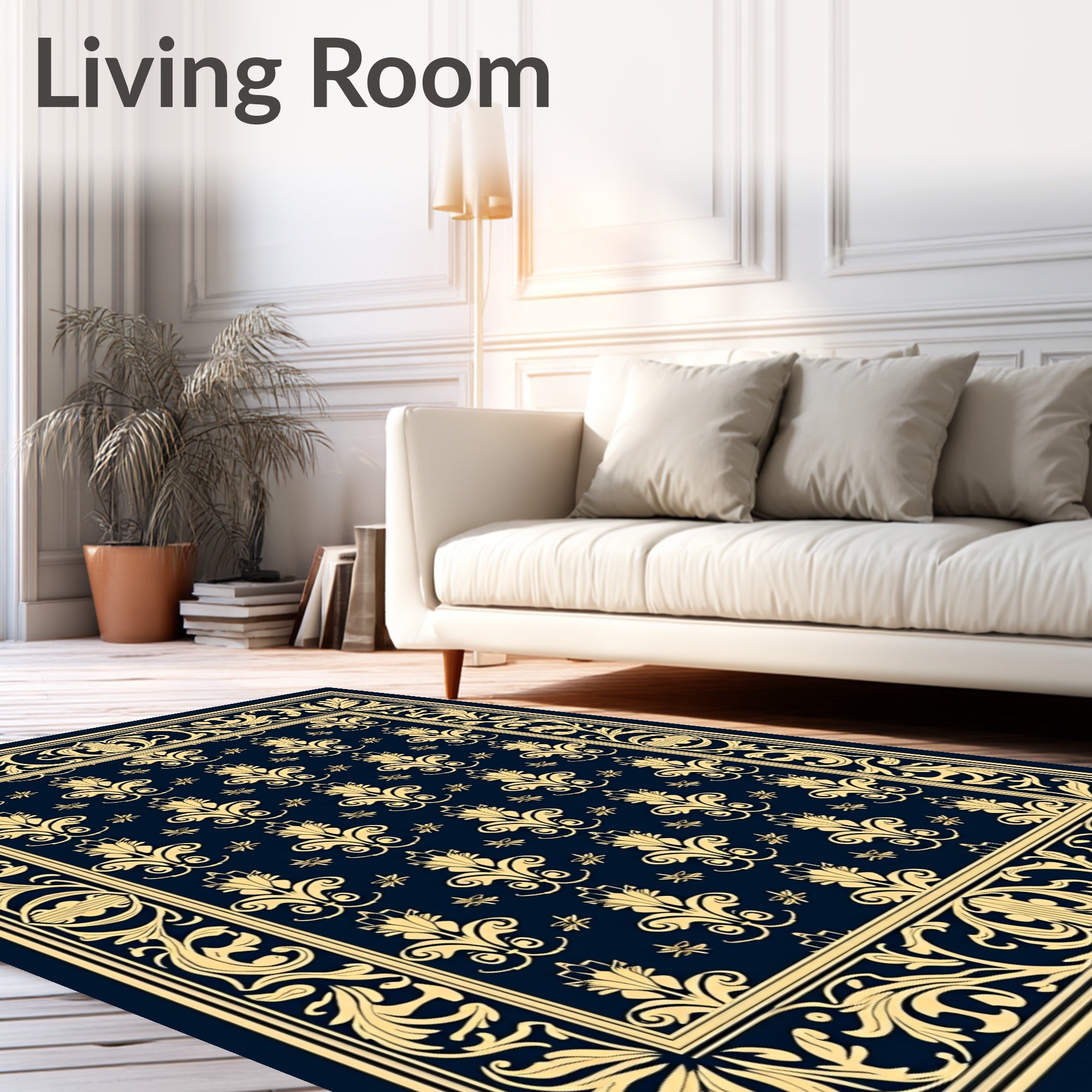 Ornate Golden Scrollwork Damask Design Rug