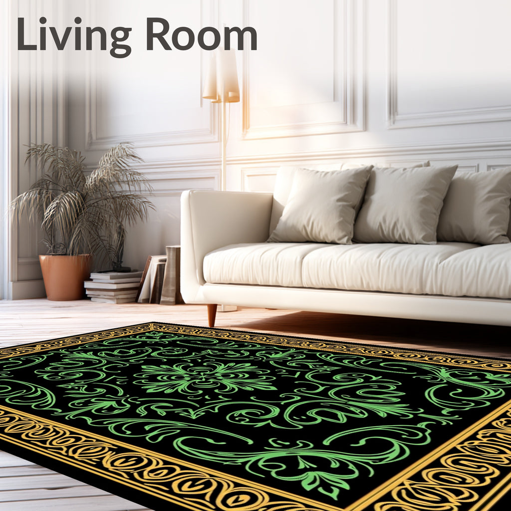 Elegant Green Floral Bordered Rug