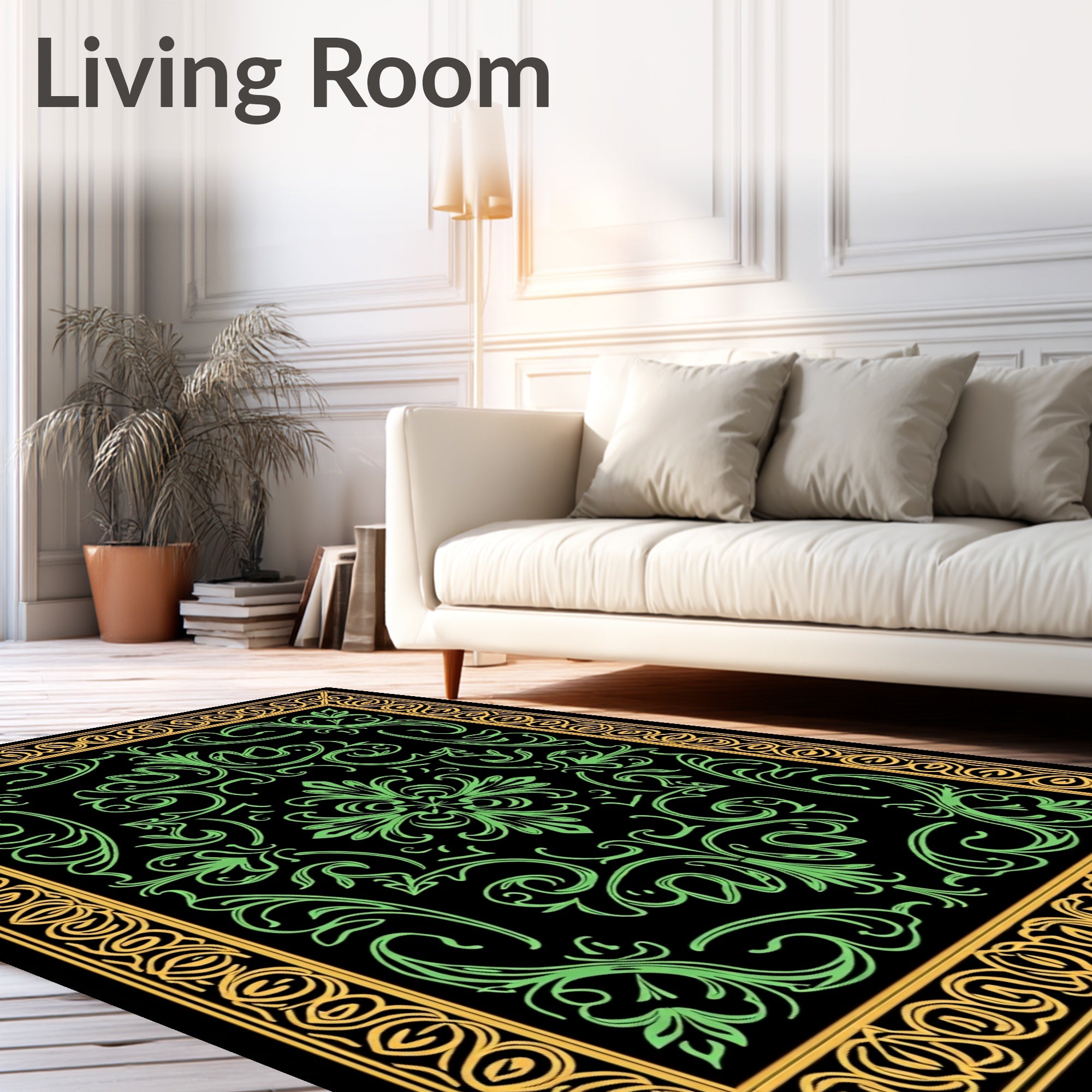 Elegant Green Floral Bordered Rug