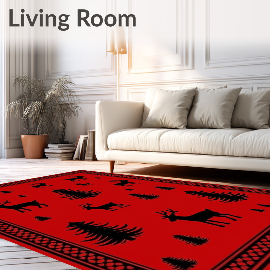 Bold Red Deer Pine Pattern Rug