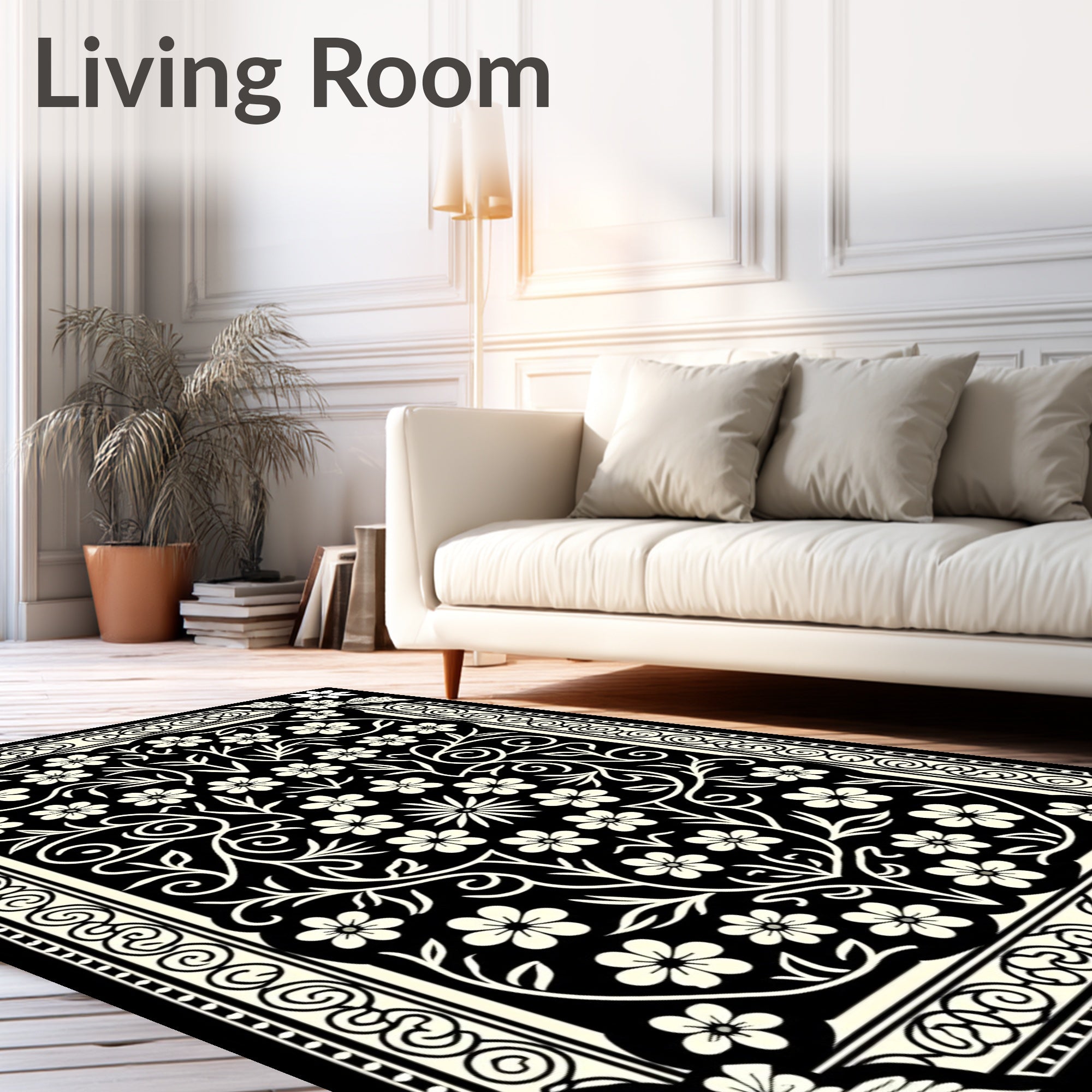 Ornate Floral Vine Black Cream Rug